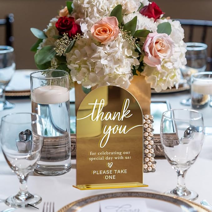 Acrylic Wedding Sign, Bridal Shower Decorations, Thank You Sign for Ceremony, Modern Font Table Signs, Gold Mirror Arched Acrylic Tabletop Signs for Wedding Reception and Event Party