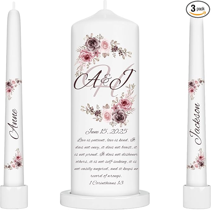 Unity Candles for Wedding, Modern Unity Set, Custom and Personalized Pillar and Taper Candles with Bible Quote, Unscented White Premium Wax, Religious and Wedding Ceremony, Special Events (Clover)