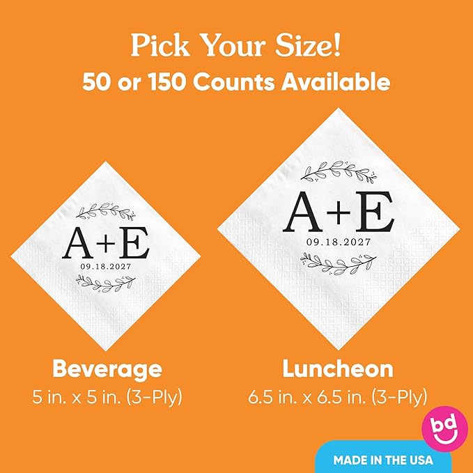Big Dot of Happiness Personalized Rustic Leaves Monogram Wedding Napkins, Custom Engagement or Anniversary Party Laurel Wreath Branch Decor, White 3-Ply Paper Beverage Napkins - 50 Count