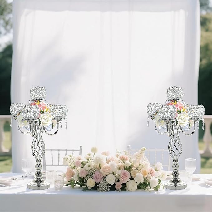 5-Arm Crystal Candelabra Centerpiece 23.2" Tall - Elegant Candle Holder Stand with Crystal Bowl, Chic Table Decor for Weddings, Parties, Anniversary & Home Decoration (2, Silver)