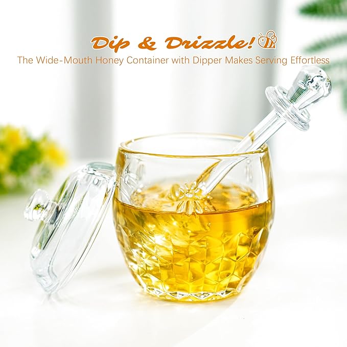 kanpura Honey Pot with Dipper and Lid Glass Honey Jar with Dipper Wide Mouth Honey Containers Airtight Syrup Honey Dispenser for Home Kitchen(7.5 OZ)
