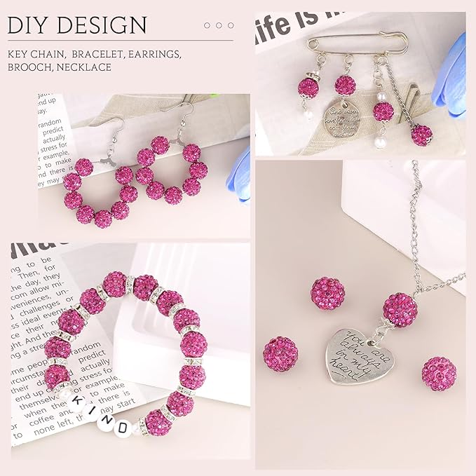 200pcs 10mm Fuchsia Rhinestone Beads for Jewelry Making, Shiny Round Shamballa Disco Ball Beads Bulk, Sparkle Crystal Clay Christmas for Bracelet Baseball Necklace Earring Crafting and DIY