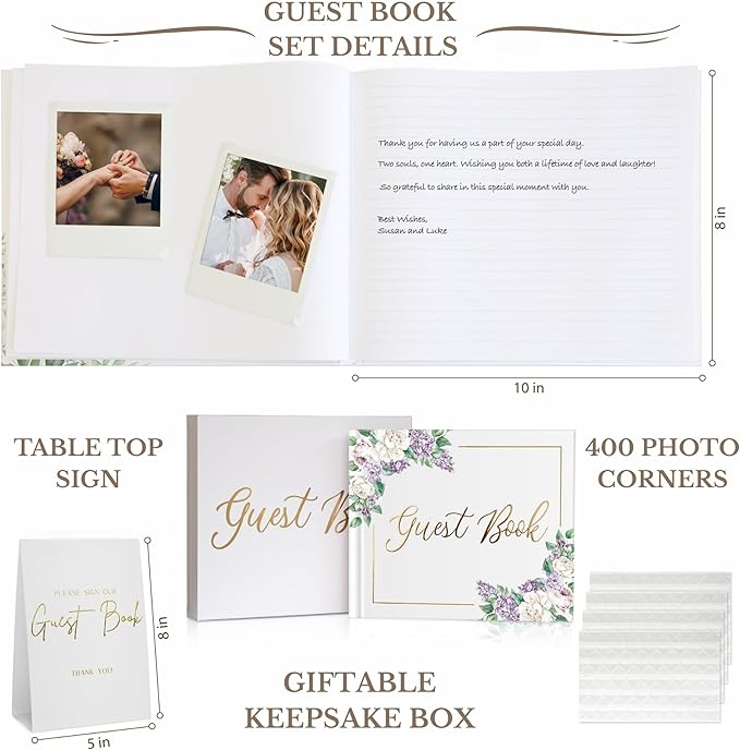 Wedding Guest Book for Guests to Sign, Elegant Wedding Guestbook Ideas, Sign in Book for Bridal and Baby Shower, Polaroid Guest Book, 100 Thick Lined and Blank Pages for Party, Wedding Books
