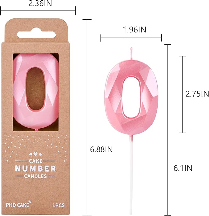 PHD CAKE 2.76 Inch Crystal Pink 0 Number Birthday Candles, Pink Number Candles, Cake Number Candles, Party Celebration