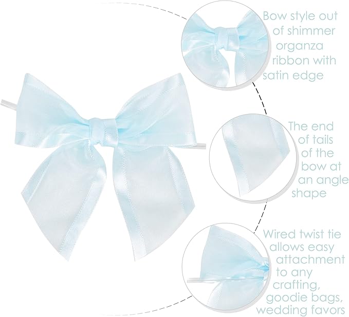 AIMUDI Baby Blue Bows 4" Organza Bows Premade Twist Ties Bows for Gift Wrapping Crafts Treat Bags Baskets Cake Pop Baby Shower Birthday Wedding Decor - 12 Counts