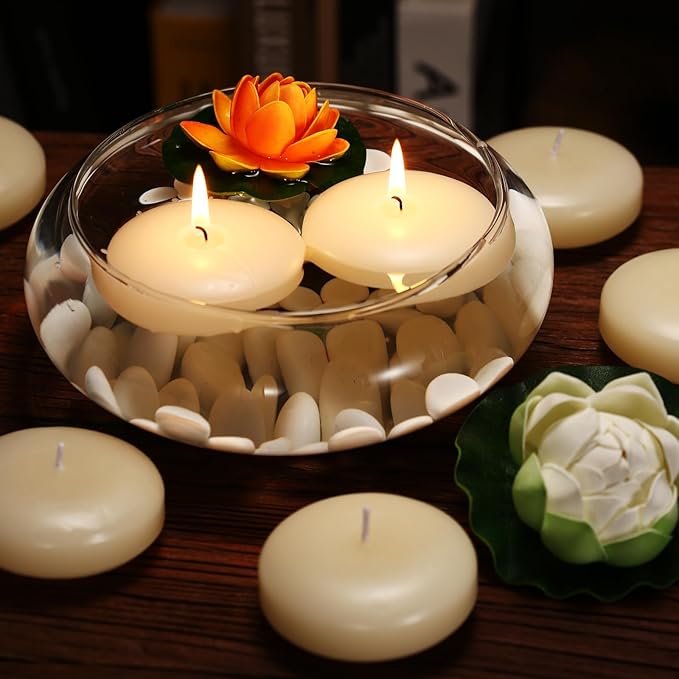12 Pack Floating Candles, 3” Ivory Unscented Dripless Wax Burning Candles, for Weddings, Party, Cylinder Vases, and Home Decorations…
