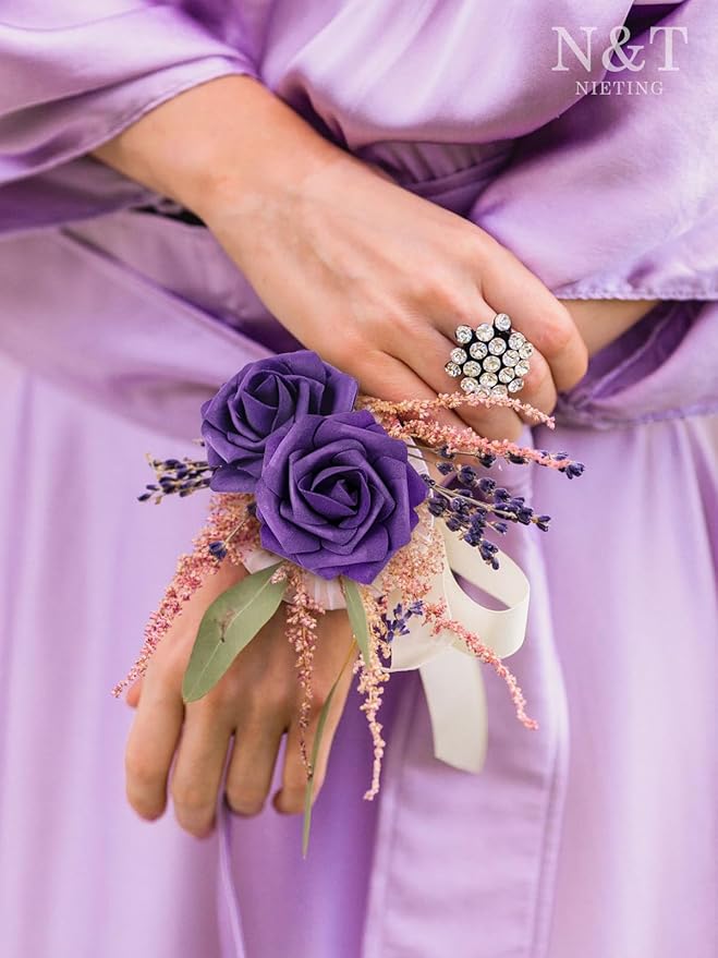 N&T NIETING Artificial Flowers 50pcs Real Looking Dusty Purple Foam Fake Roses with Stems for DIY Wedding Bouquets Bridal Shower Centerpieces Arrangements Party Tables Decorations