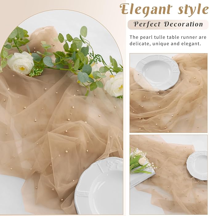 Pearl Table Runner 29 x 120 Inch Tulle Fabric Lace Table Runners Boho Rustic Tablecloth for Bridal Shower Birthday Party Wedding Arch Aisle Veil Dessert Table Decor(1 Pack, Nude)