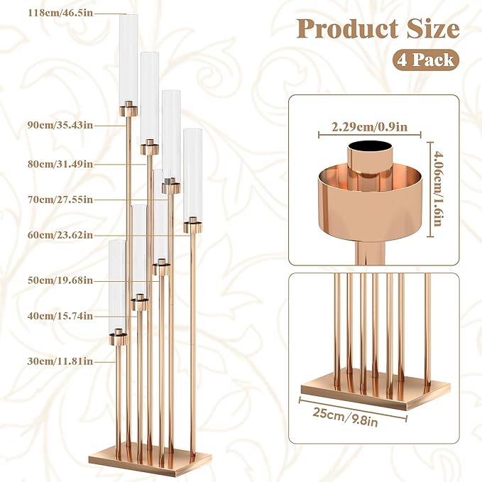46.5'' Floor Candelabra 7 Arms Floor Candle Holders for Wedding Gold Candle Sticks Holder Decor Metal Candlestick Set with Acrylic Lampshades for Home Party (7 arm Square 46.5in)