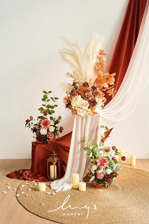 Ling's moment 17.5" Tall Standing Artificial Flowers Arrangements 4pcs Fall Wedding Aisle Runner Chair Decorations Sunset Terracotta Centerpieces Ceremony Reception Rose Floral Party Outdoor