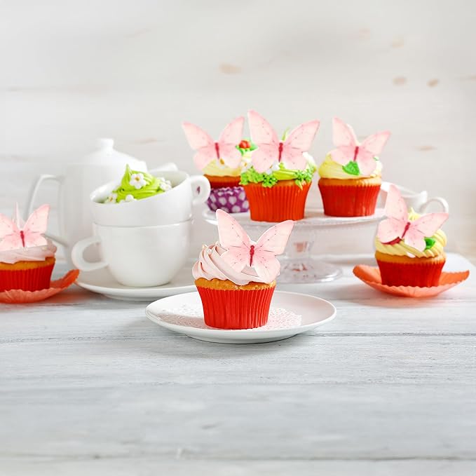 Ephlyn 48Pcs Edible Butterfly Cupcake Toppers Butterfly Cupcake Picks Edible Spring Cupcake Decorations for Spring Theme Baby Shower Kids Birthday Party Cake Supplies Pink