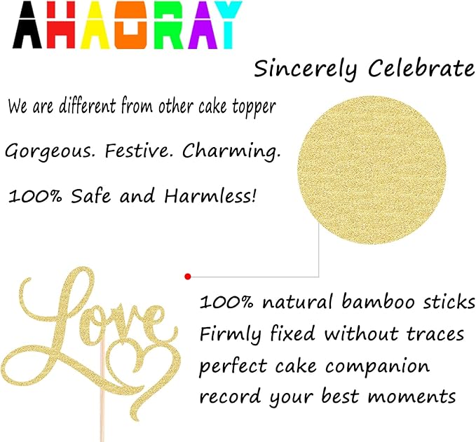 Love Cake Topper - Gold Glitter Paper Wedding Cake Decoration Supplies, Perfect for Bridal Shower/Engagement/Anniversary/Birthday Party