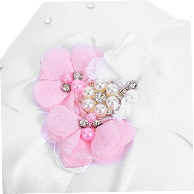 Floral Wedding Ring Bearer Pillow 20x20cm - Satin with Ribbon & Faux Pearls, Elegant Ceremony Decor for Bride and Flower Girl Accessories