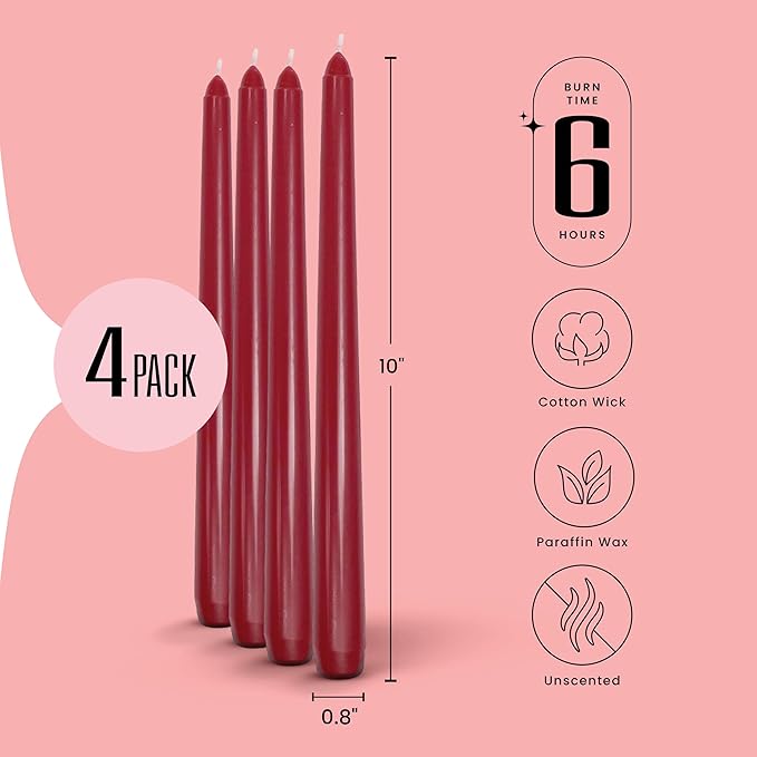Leor & Lair Red Taper Candles for Christmas - 4 Pack 10" Dark Red Candlesticks - Unscented Long Burning Candle Sticks for Christmas Decoration, Thanksgiving, Dinner Table, Weddings