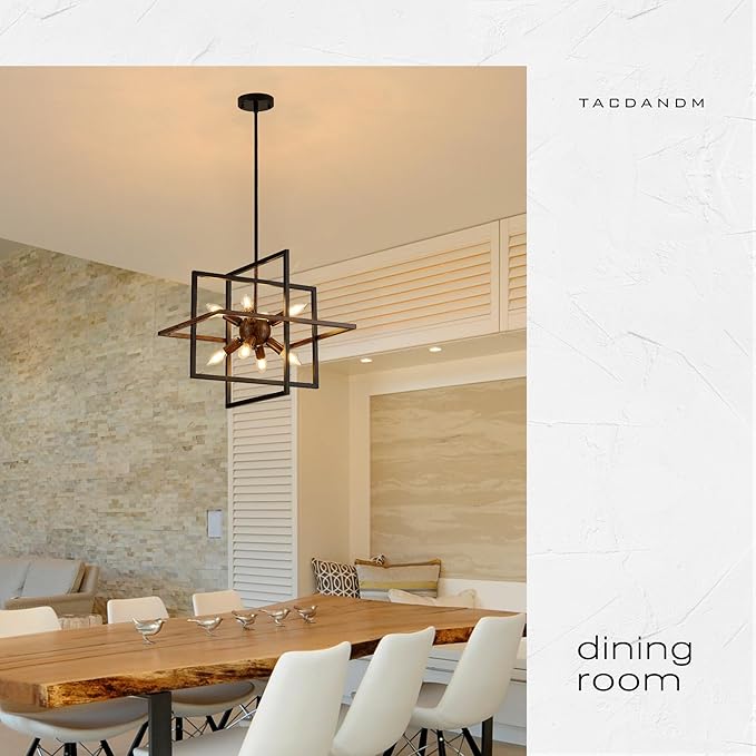 8-Light Wood Grain and Vintage Black Sputnik Chandelier, 18.9'' Industrial Pendant Lighting Fixture for Dining Room