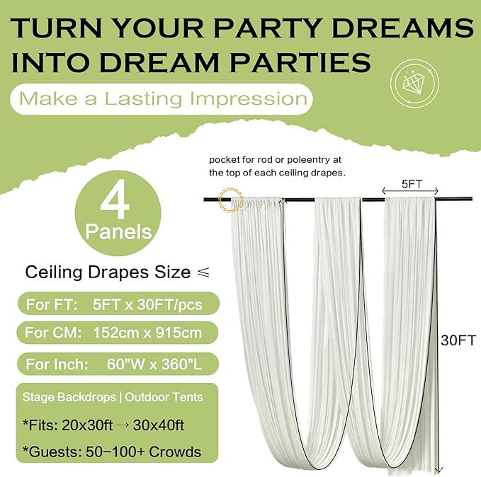 PartyVillage 4 Panels 5ftx30ft Ivory Ceiling Drapes for Wedding Parties – 30 FT Extra Long Thick Polyester Wrinkle-Free Drapery Tent Decor Decorations for Birthday Party Ceremony Stage Swag