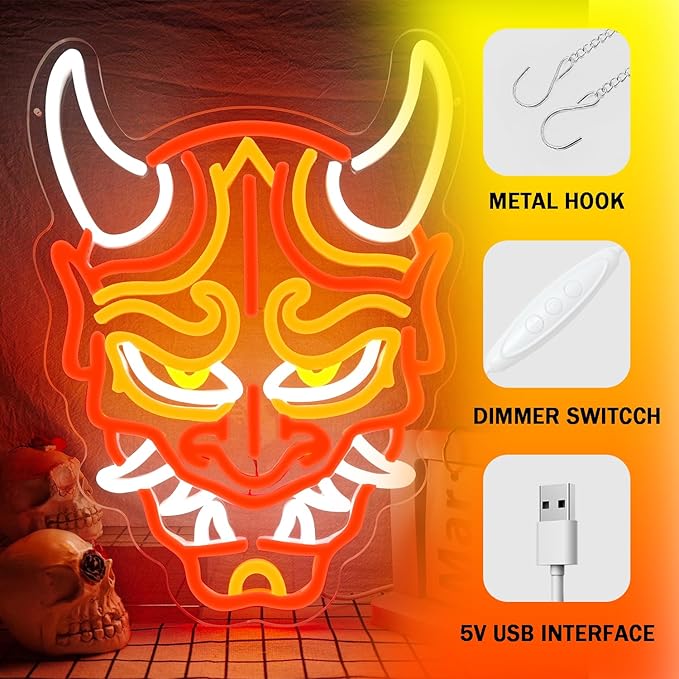 Prajna Mask Neon Signs Hannya Mask Neon Sign Led Neon Signs for Wall Decor Tattoo Neon Sign for Tattoo Shop, Game Room, Bedroom, Man Cave Adjustable Brightness, Cool Japanese LED Signs Decor Perfect for Anime and Tattoo Lovers