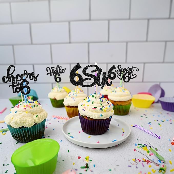 30Pcs 6th Birthday Cupcake Toppers Glitter Six Hello 6 Cupcake Picks Cheers to 6 Years Old Cake Decorations for 6th Birthday Party Supplies Black