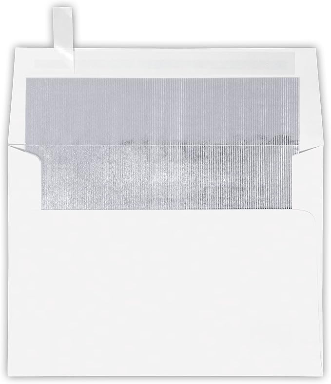 LUXPaper A7 Foil Lined Invitation Envelopes | Peel & Press | 5 1/4" x 7 1/4" | White w/Silver LUX Lining | 60lb. Text | 50 Qty