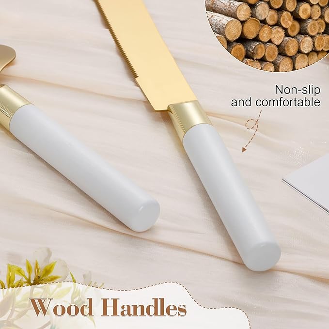 Gold Cake Cutting Set for Wedding, Wood Cake Knife & Server Set, Vintage 2-Piece Pie Cutter Serving Set, Serrated Pizza Utensils, Anniversary Birthday Bridal Gift (White)