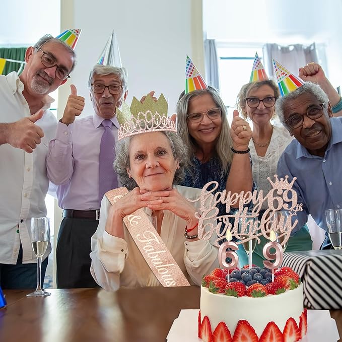 69th Birthday Decorations for Women, Including Birthday Sash, Crown/Tiara, Candles, Cake Topper, 69 Year Old Gifts for Women