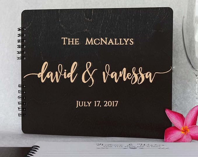 Wooden Wedding Guest Book (8.5"x7", Burnt Cocoa Stain) Personalized Wood Rustic Charm Bride Groom Vintage Anniversary Bridal Guest Registry Guestbook Made in USA