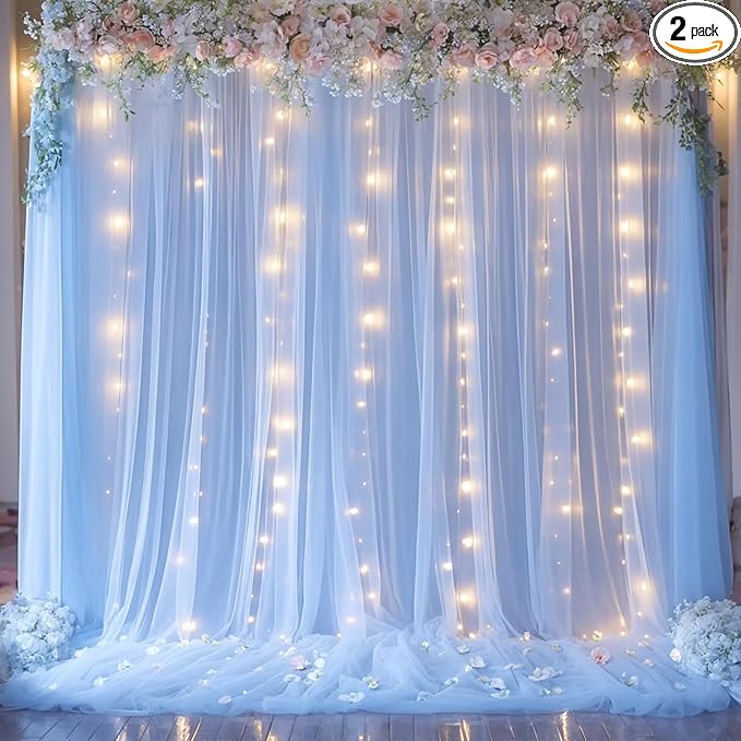Baby Blue Sheer Tulle Backdrop Curtains with Lights String for Parites Baby Shower Decorations for Boy Bridal Shower Birthday Party Photo Shoot Background Wall Decorations 10×8ft(2 Panels 5×8ft)
