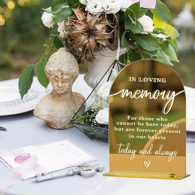 Acrylic Wedding Sign, Bridal Shower Decorations, In Loving Memory Sign for Ceremony, Modern Font Table Signs, Gold Mirror Arched Acrylic Tabletop Signs for Wedding Reception and Event Party