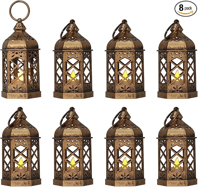 LLQ Mini Lantern for Centerpieces, (8Pack-5Inch) Vintage Lanterns Decorative, Small Hanging Lantern for Halloween Decorations, Christmas Centerpieces for Tables, Wedding Garden Party Decorations