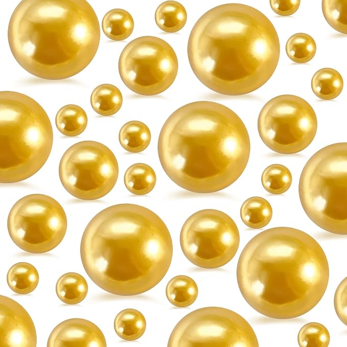 520Pcs Gold Beads for Centerpieces Decor, Artifical Pearls Vase Filler, Large Beads for Makeup Brush, No Hole Round Pearl Beads for Wedding Birthday Christmas Party Home Decor(18mm 14mm 6mm)