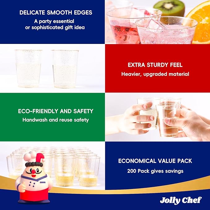JOLLY CHEF 14 oz 200 Pack Gold Plastic Cups, Gold Glitter Heavy-Duty Disposable Cups Party Cups Tumblers, Ideal for Wedding & Party