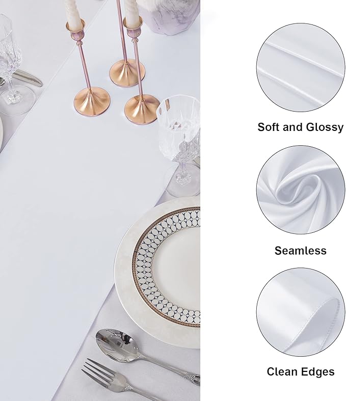 12Pack Table Runner 12 x 108 Inches Satin Silk Table Runner for Wedding, Birthday Party, Banquets, Graduations Decoration, fit Rectange and Round Table-White