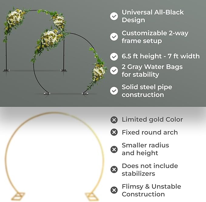 VerdeVista Convertible 6.5 FT Round Backdrop Stand - Heavy Duty Balloon Arch Stand with 2 Waterbags - Multiuse Photo Backdrop Arch, Black Circle Ring Balloon Arch Frame for Wedding Baby Shower & More