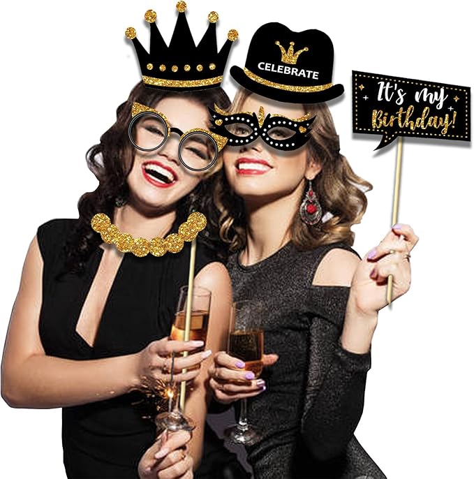 Birthday Photo Booth Props Kit - 38Pcs Funny Pose Signs, Selfie Photobooth Decor for Birthday Party, Men Women