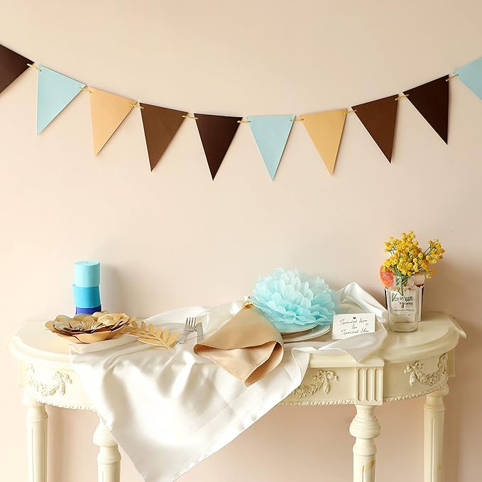 Fonder Mols Paper Pennant Banner Triangle Flags Bunting Garland for Bear themed Boy Baby Shower Birthday Nursery Wall Backdrop Decorations (10 feet, Coffee Blue, Large)