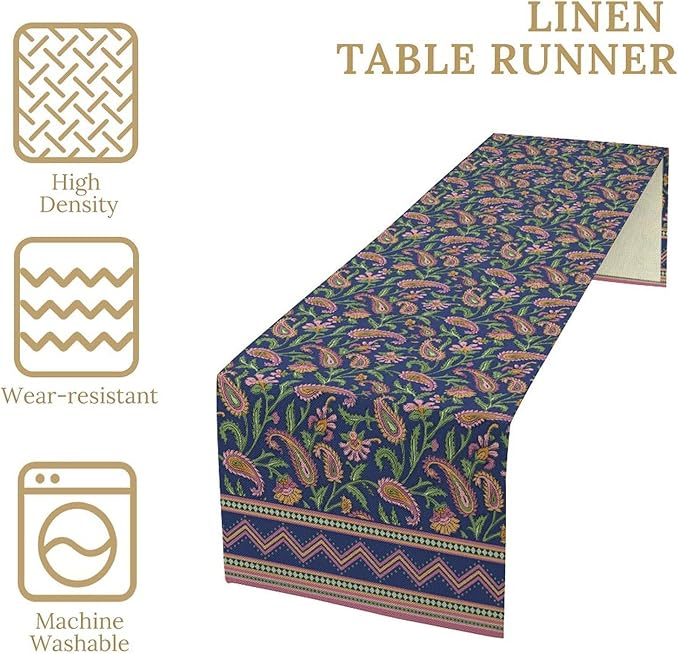 Colorful Paisley Floral Table Runner, Vintage Pink Purple Flowers Green Plants Leaves Print Table Runner for Kitchen Dining Table Indoor Outdoor Home Party, 13x120inch