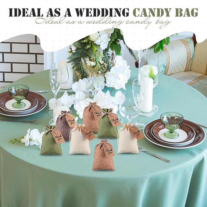 Woanger 100 Pcs Burlap Gift Bags with 100 Pcs Kraft Paper Gift Tags with Drawstring Favor Bulk Burlap Sack Bags for DIY Wedding Party Craft (4 x 6 Inch,Beige, Medium Brown, Dark Brown, Military Green)