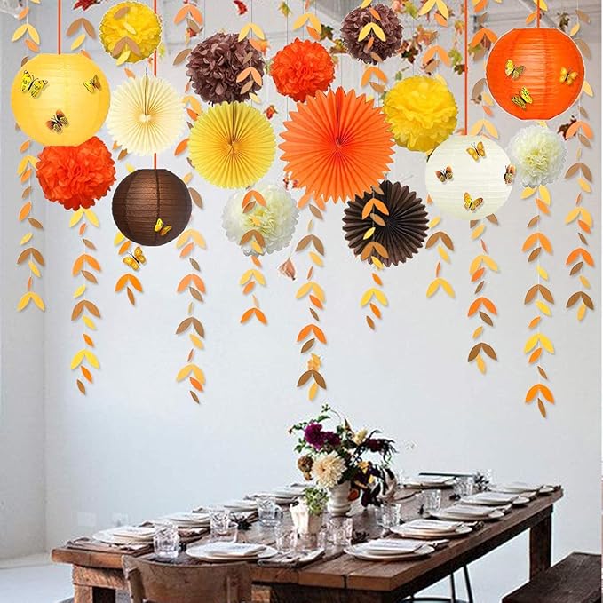 Fall Party Decorations Kit Yellow Orange Brown Paper Hanging Fans Lantern Flowers Pom Pom with 3D Butterfly Autumn Leaves Garland for Wedding Bridal Shower Birthday Harvest Thanksgiving Party Supplies