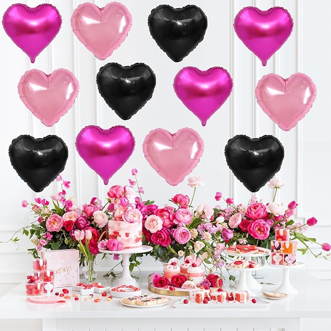 Pink Black Heart Balloons,12Pcs 18Inch Hot Pink Black Heart Shaped Foil Helium Balloons for Baby Shower Birthday Anniversary Wedding Engagement Party Decorations