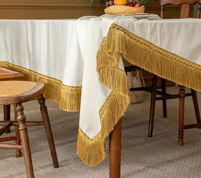 F-CHU Luxury White Tablecloth Thickset Velvet Tablecloth with Beautiful Gold Tassels Vintage Table Cloth for Home Decor Wedding, Party, Banquet and Events 60x70-Inch
