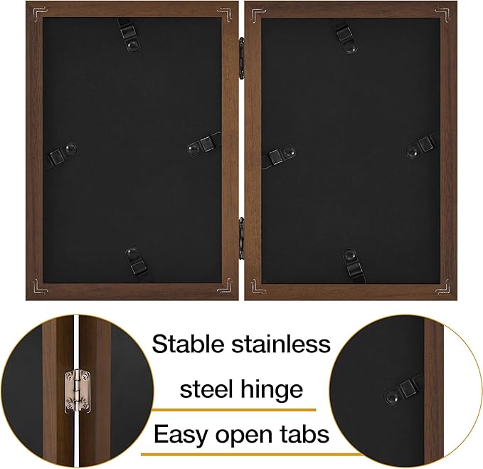 decorUhome Double 5x7 Picture Frame Vertical, Engineered Wood Bifold Photo Frame with Plexiglass for Tabletop Display, 5x7, Brown