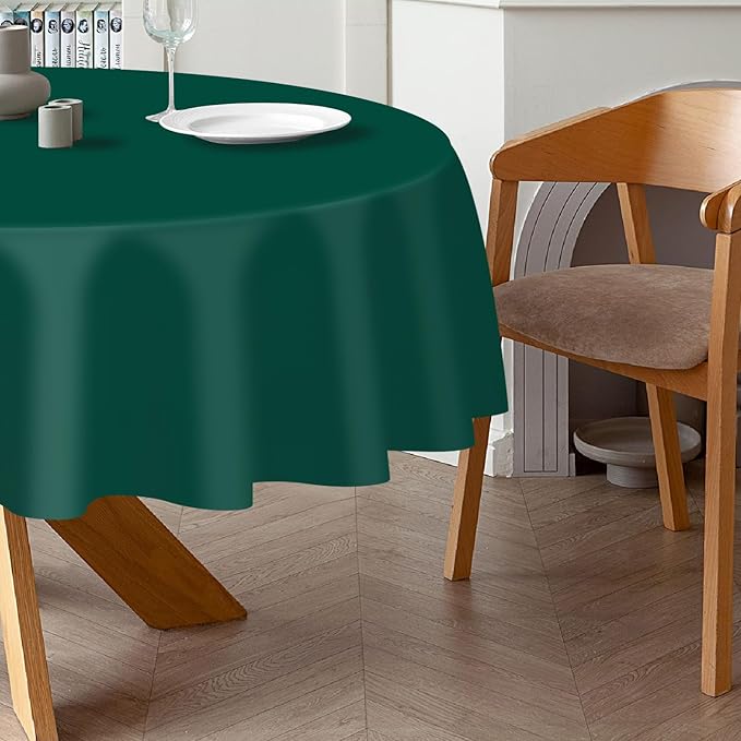 QIKSION Dark Green Round Tablecloth 2 Pack, 84 Inch Plastic Table Cover Disposable for Parties