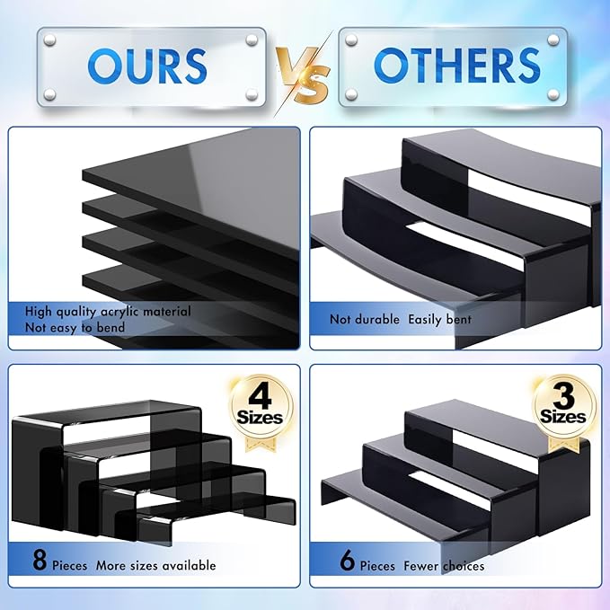 Aheroi Acrylic Risers, 8 Pcs 2 Set(7”L~8”L~9”L) Display Risers, Black Arylic Display Stands Acrylic Shelf Riser, Display Holders for Vendor Events, Cupcake Stands, Toys Display Clear Shelves
