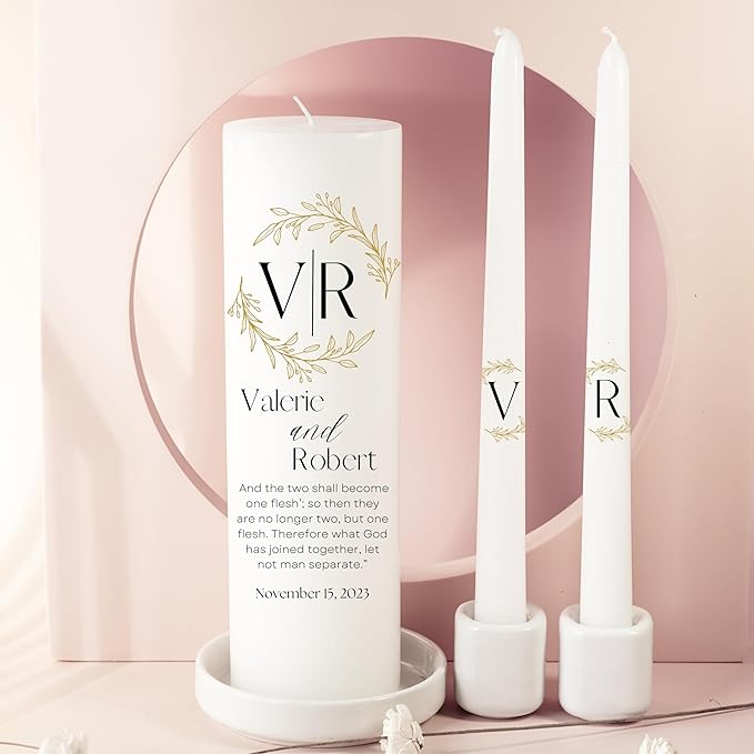 Unity Candles for Wedding, Modern Unity Set, Custom and Personalized Pillar and Taper Candles with Bible Quote, Unscented White Premium Wax, Religious and Wedding Ceremony, Special Events (Laurel)
