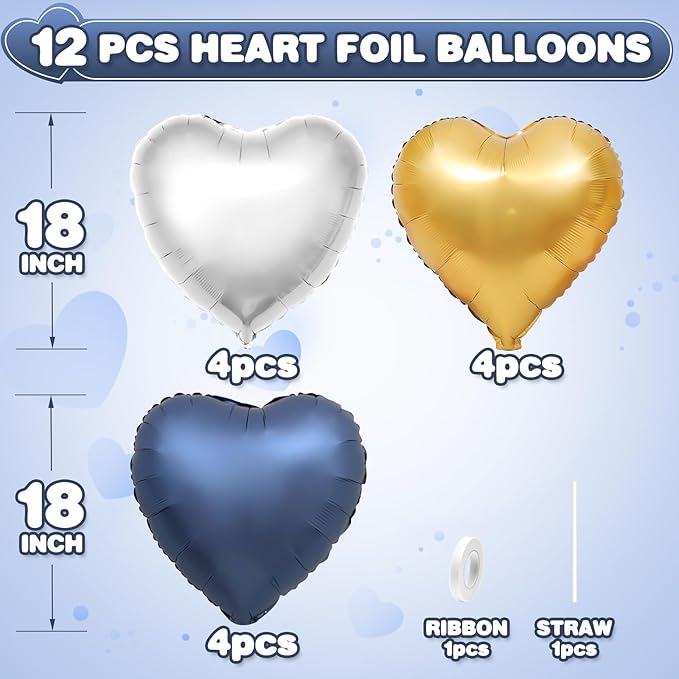 Blue Gold Silver Heart Balloons,12Pcs 18Inch Metallic Blue Gold Silver Heart Shaped Foil Helium Balloons for Graduation Birthday Anniversary Wedding Engagement Party Decorations
