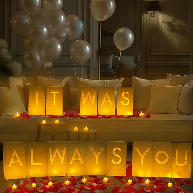 Homemory It was Always You Light Up Letters with Flameless Candles and Fake Rose Petals, Valentine's Day Luminary Bags Romantic Decorations Special Night for Proposal Wedding Anniversary