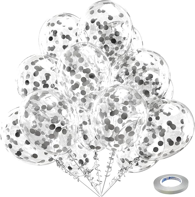 Bezente Silver Confetti Latex Party Balloons - 60 Pack 12 inch Helium Silver Confetti Glitter Balloons for Wedding Graduation Bridal Shower Birthday Engagement Party Decorations