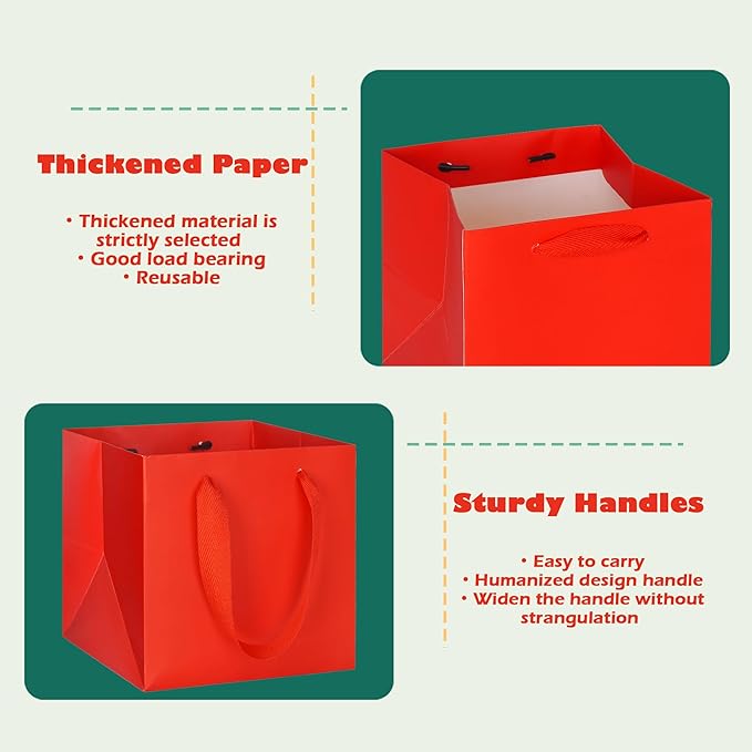 ADIDO EVA Red Square Gift Bags Large Size Square Bottom Paper Bags with Handles for Party Favor, Shopping Bag (12x12x12 In, 10 CT)
