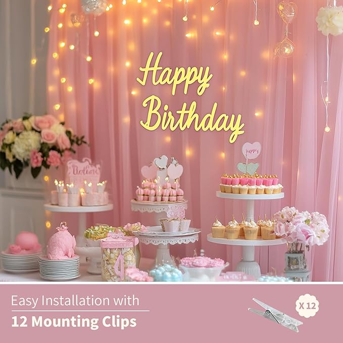 Pink Tulle Backdrop Curtain with Lights String - 10x8ft Sheer Backdrop with 250 LEDs for Wedding, Baby Shower, Bridal Shower, Birthday Party Photo Shoot Background and Home Decorations