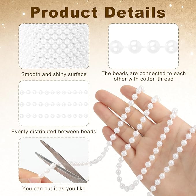 Pearl Beads Garland, 6 MM White Faux String of Pearls, Pearl Garland for Christmas Tree 82FT Pearl Beads Strand Spool Bead Roll for Crafts Floral Centerpieces Wedding Party Christmas Tree Decorations